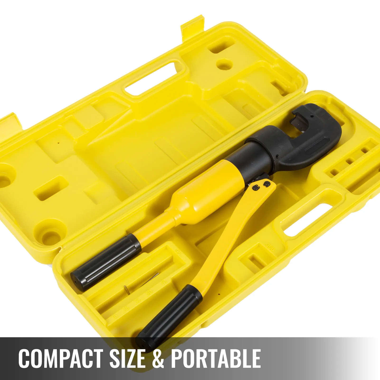 yellow VEVOR hydraulic rebar cutter in a compact, portable plastic case.
