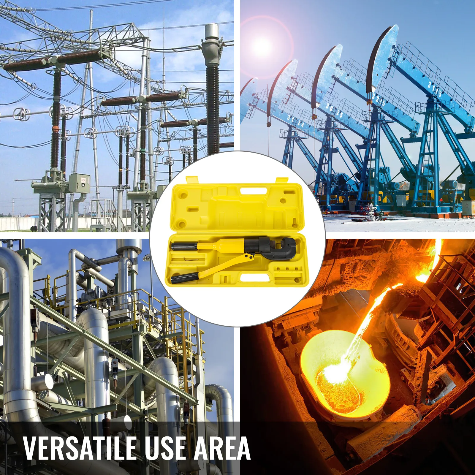 VEVOR hydraulic rebar cutter in use across power plants, oil rigs, and metal foundries.