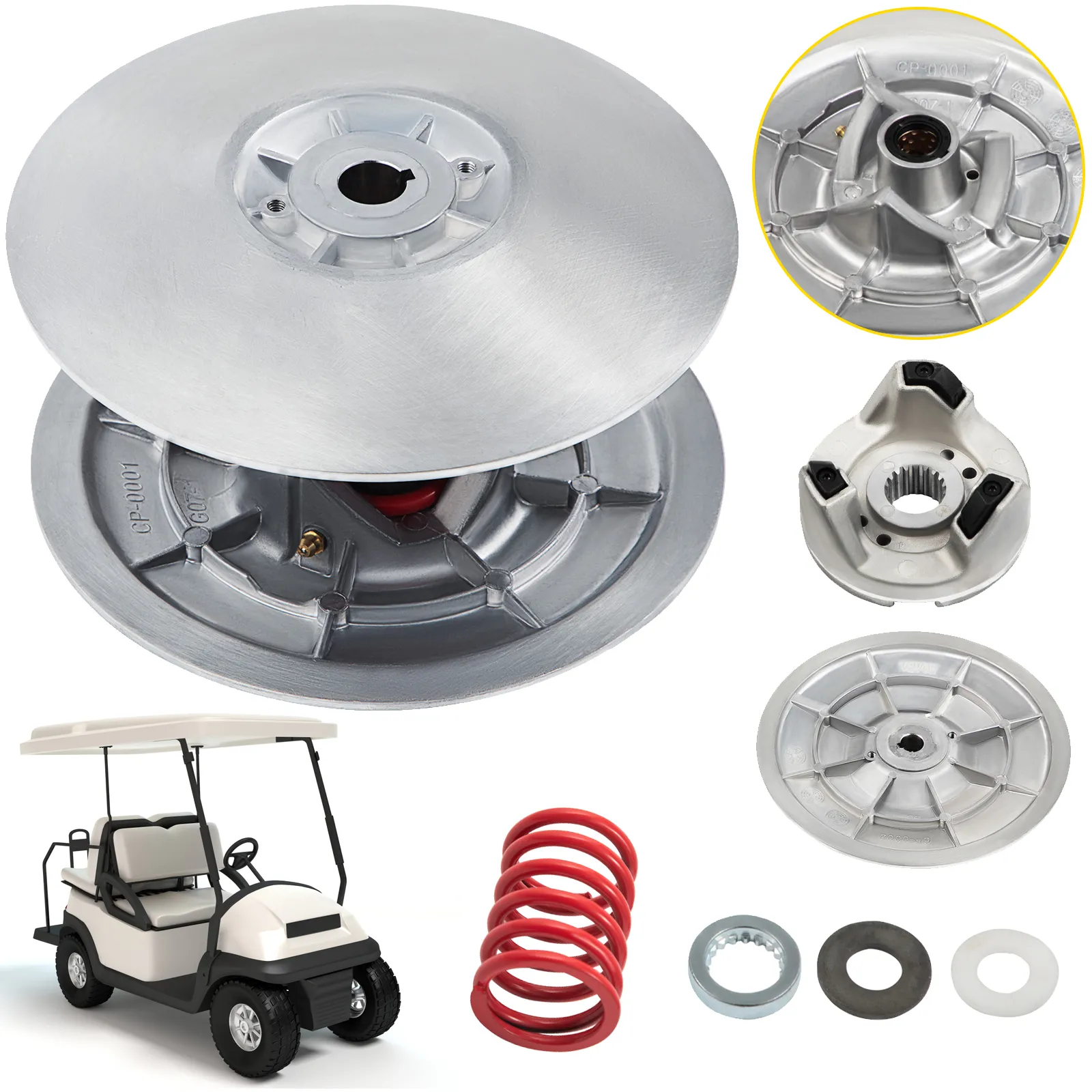 VEVOR golf cart clutch kit with components and golf cart on white background.