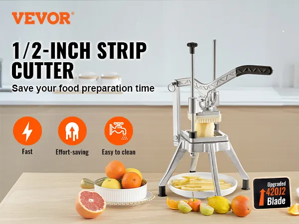 VEVOR vegetable chopper 1/2-inch strip cutter with upgraded 420j2 blade, fast, effort-saving, easy to clean.