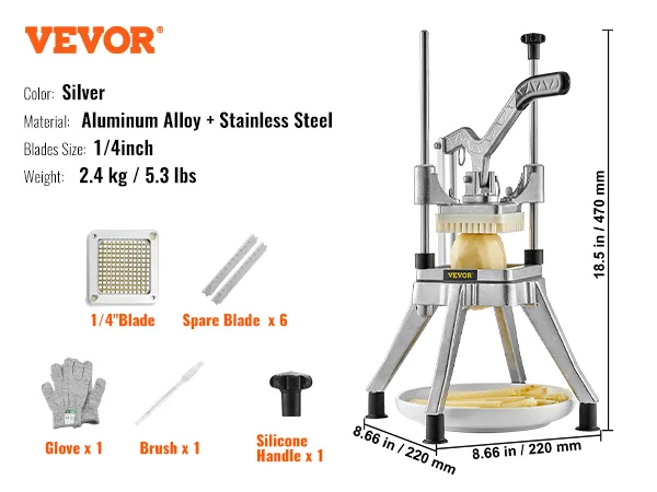 VEVOR vegetable fruit chopper, aluminum alloy and stainless steel, 1/4-inch blade, weight 2.4 kg.