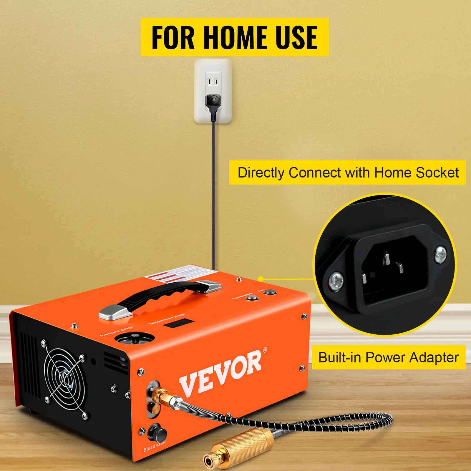 Compresor de aire pcp VEVOR conectado a toma de pared, ideal para uso doméstico, con adaptador incorporado.