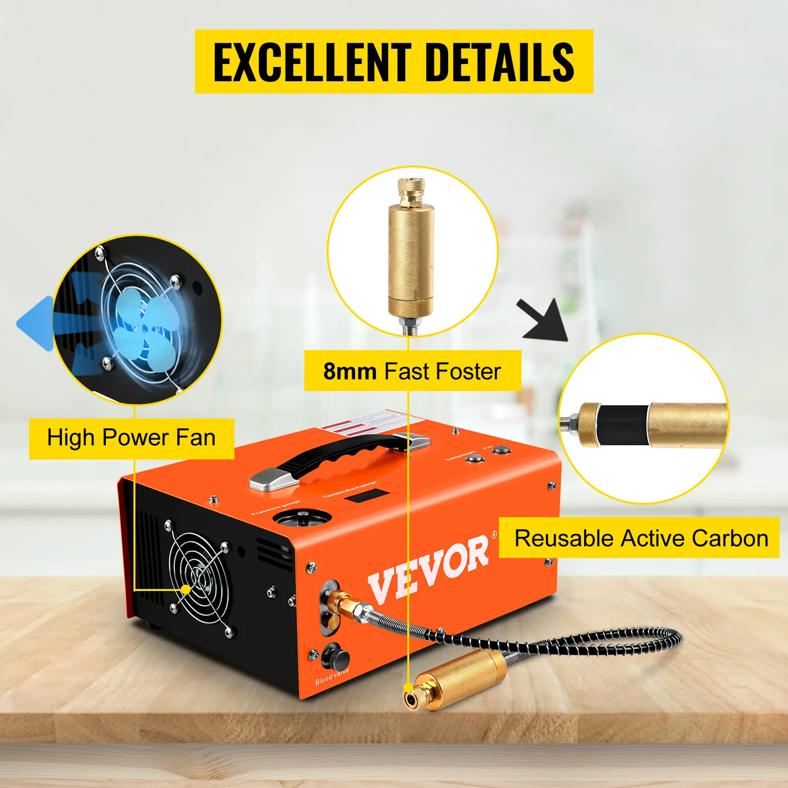 Compresor de aire pcp VEVOR con ventilador de alta potencia, adaptador rápido de 8 mm y carbón activo reutilizable.