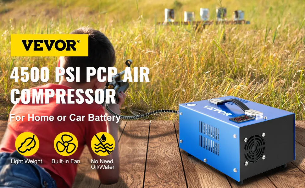 Compresor de aire PCP VEVOR con ventilador incorporado en plataforma de madera en campo de hierba.