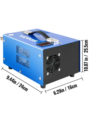 Compresor de aire pcp VEVOR, unidad compacta azul con dimensiones marcadas.