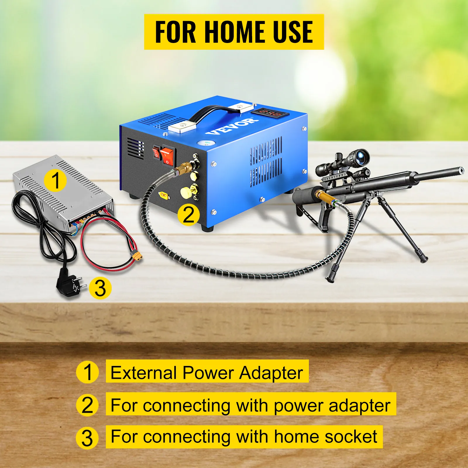 Compresor de aire pcp VEVOR con adaptador de corriente externo, conector, para uso doméstico.