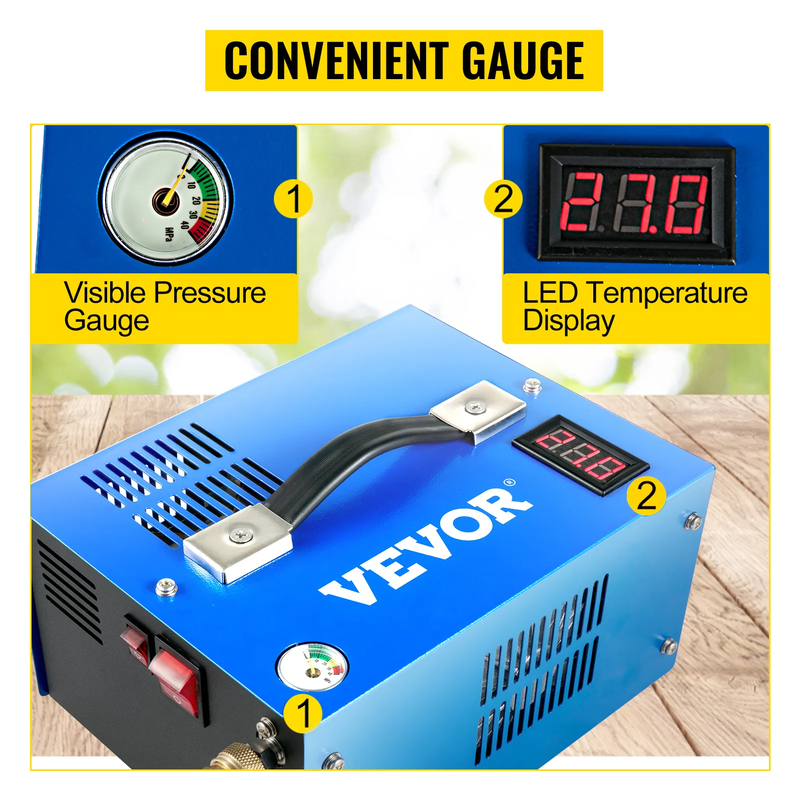 Compresor de aire pcp VEVOR con manómetro visible y pantalla de temperatura LED.