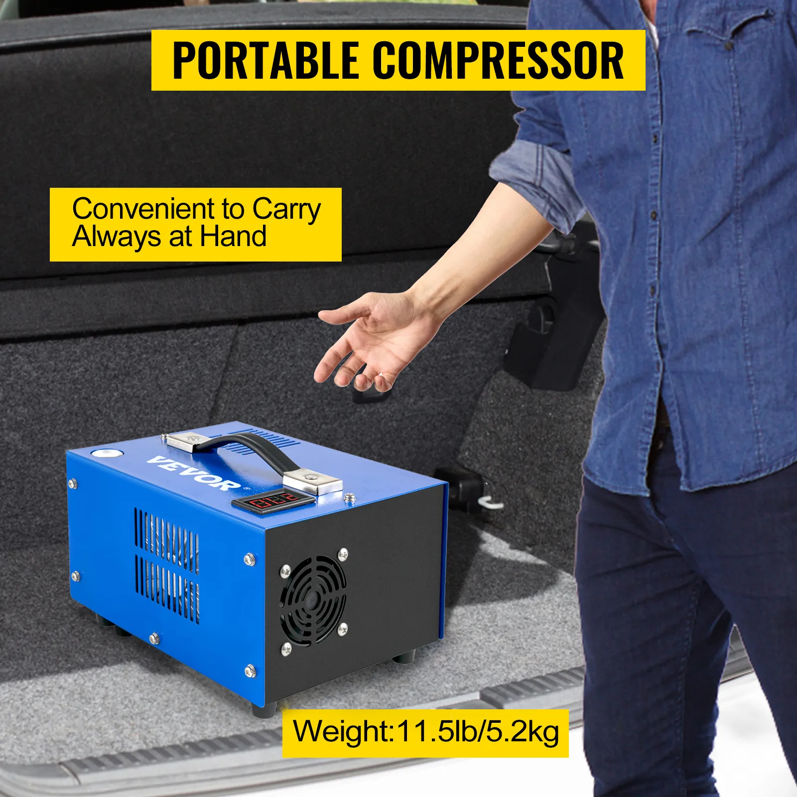 Compresor de aire PCP VEVOR, portátil, azul, para maletero de automóvil, cómodo de llevar.