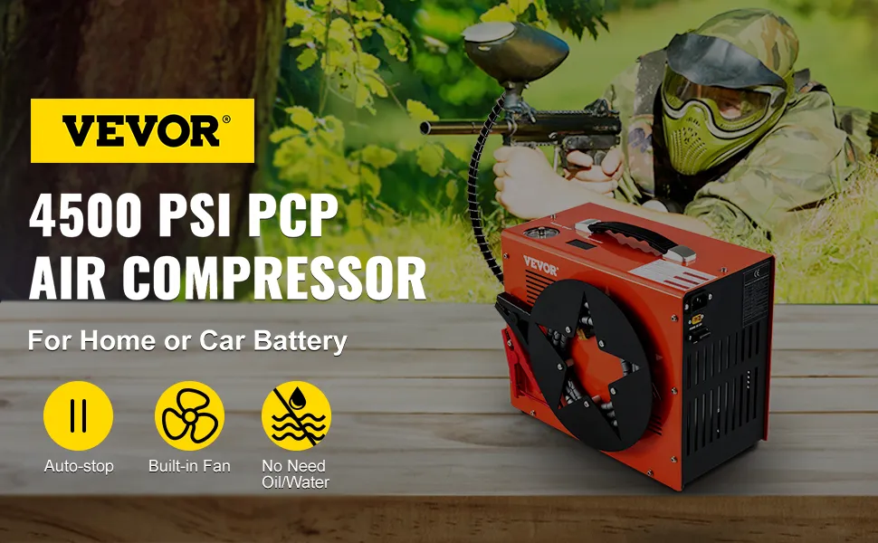 Compresor de aire pcp VEVOR con 4500 psi para uso doméstico o con batería de automóvil.