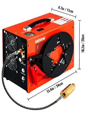 Compresor de aire PCP VEVOR naranja con dimensiones etiquetadas y conexión de manguera