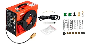 Compresor de aire PCP VEVOR con accesorios que incluyen cables, jeringa y sellos.