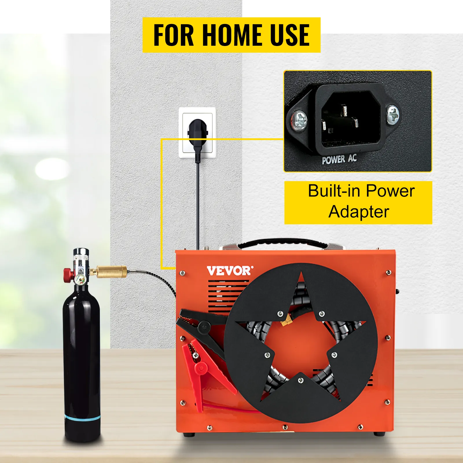 Compresor de aire PCP VEVOR con adaptador de corriente incorporado para uso doméstico.