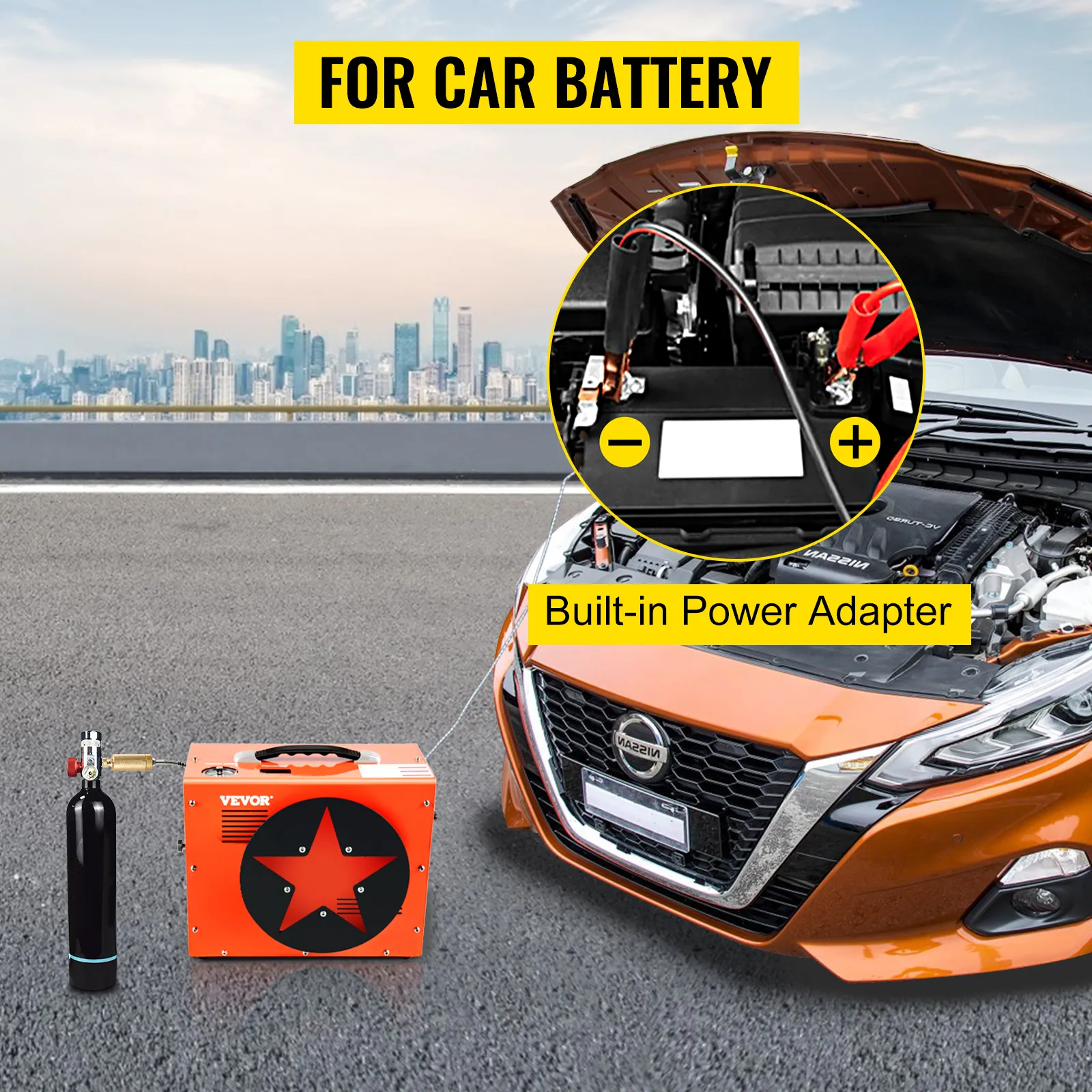 Compresor de aire PCP VEVOR conectado a la batería del automóvil con adaptador de corriente incorporado en la carretera.