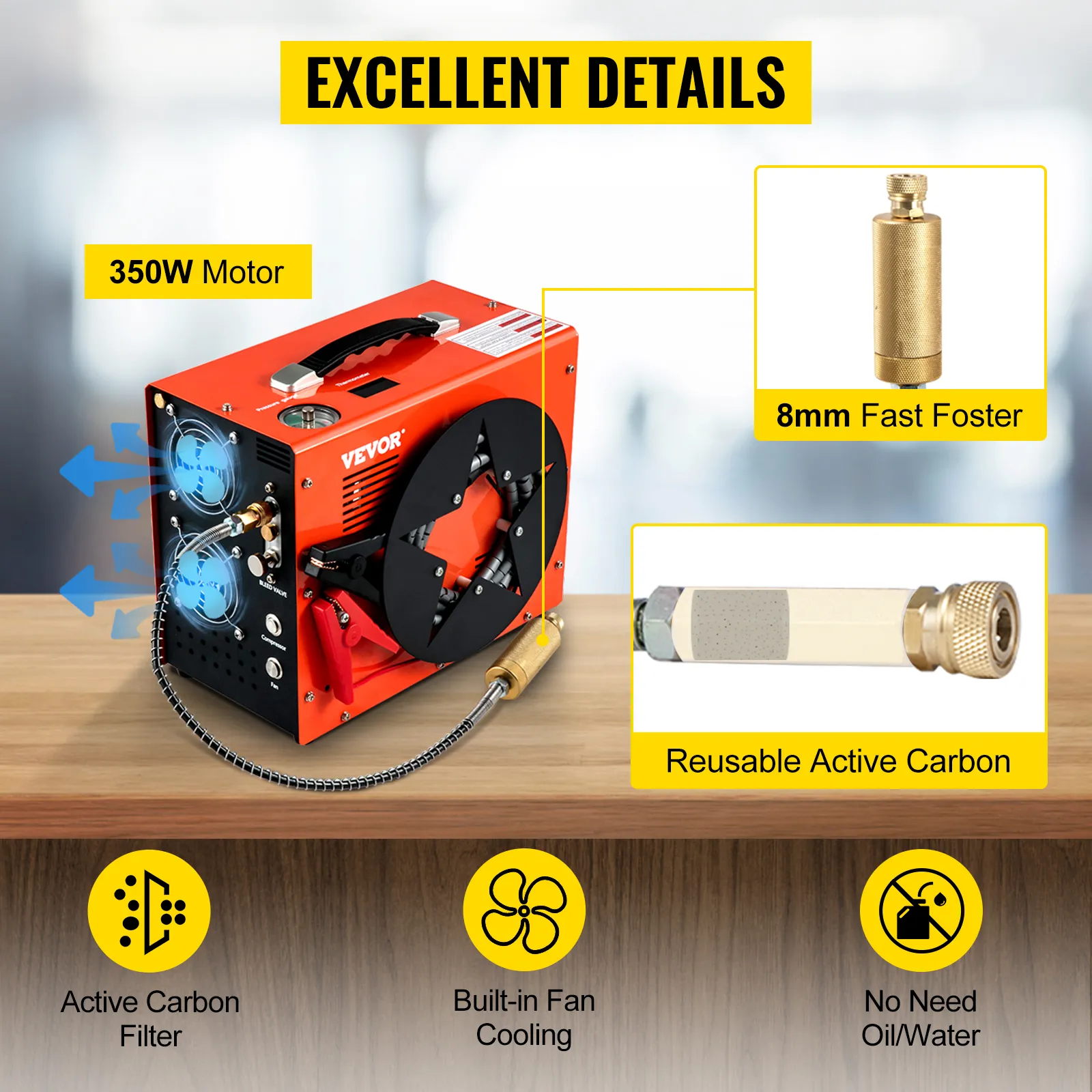 Compresor de aire pcp VEVOR con motor de 350w, foster rápido de 8mm, filtro de carbón activo.