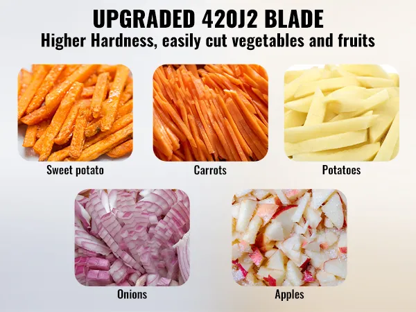 upgraded 420j2 blade: slices of sweet potato, carrots, potatoes, onions, and apples; VEVOR vegetable chopper.