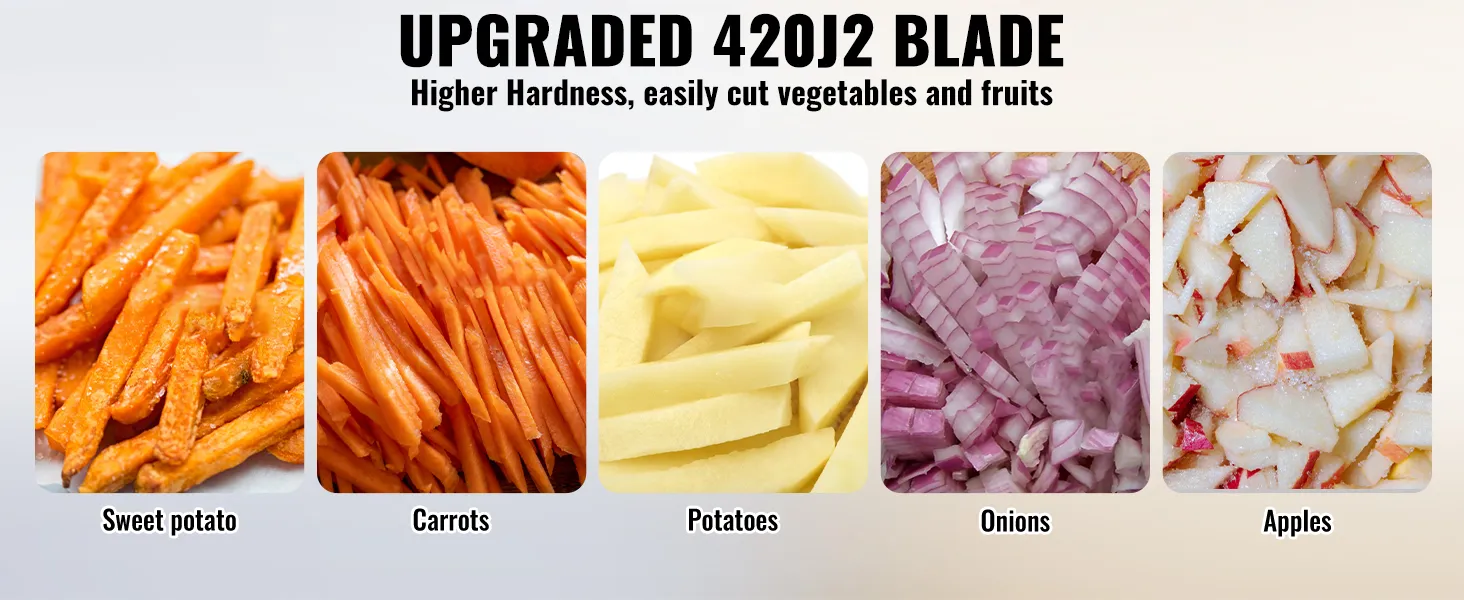 upgraded 420j2 blade: slices of sweet potato, carrots, potatoes, onions, and apples; VEVOR vegetable chopper.