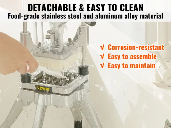 hand washing VEVOR vegetable chopper with water in a sink; easy to clean, food-grade stainless steel.