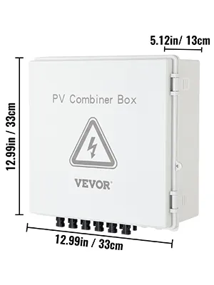 Caja combinadora fotovoltaica VEVOR con dimensiones etiquetadas: 12,99 pulgadas x 12,99 pulgadas x 5,12 pulgadas.