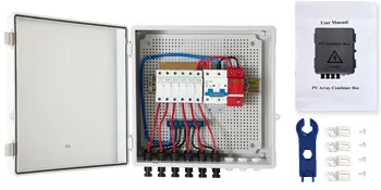 Caja combinadora fotovoltaica VEVOR con cableado, manual de usuario, llave y conectores.