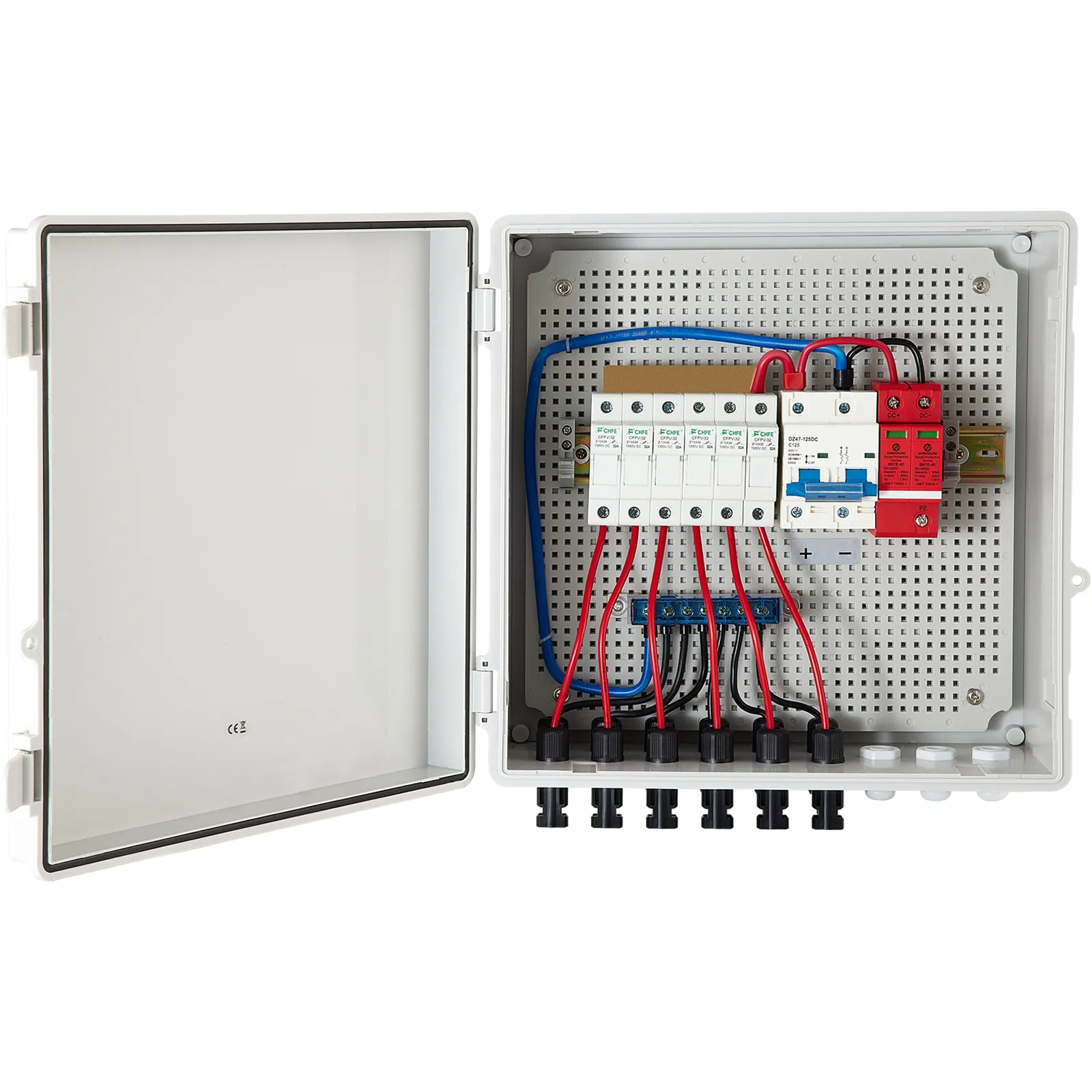Caja combinadora fotovoltaica VEVOR con cableado y disyuntores en una carcasa gris abierta.