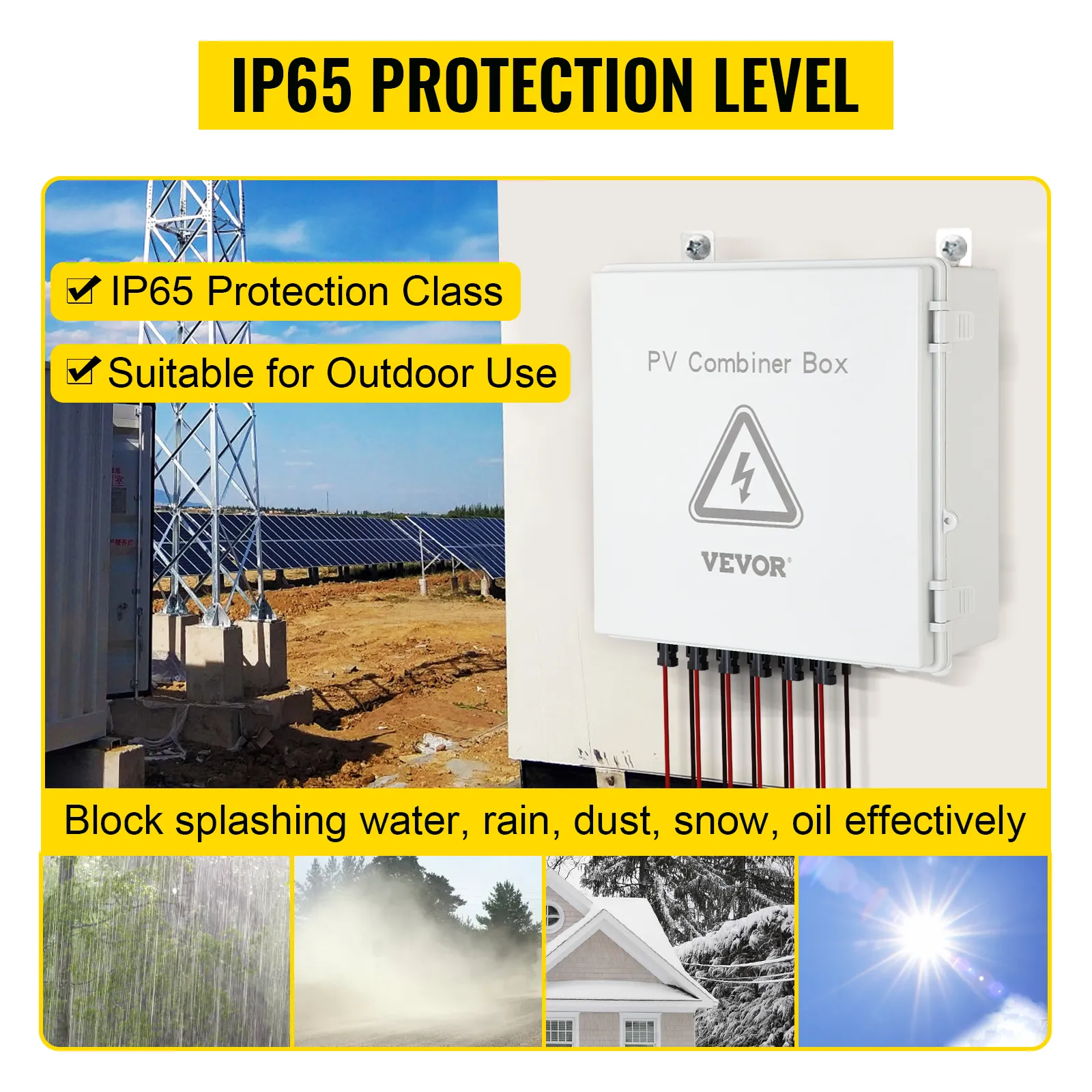 Caja combinadora fotovoltaica VEVOR con protección IP65, ideal para uso en exteriores contra los elementos.