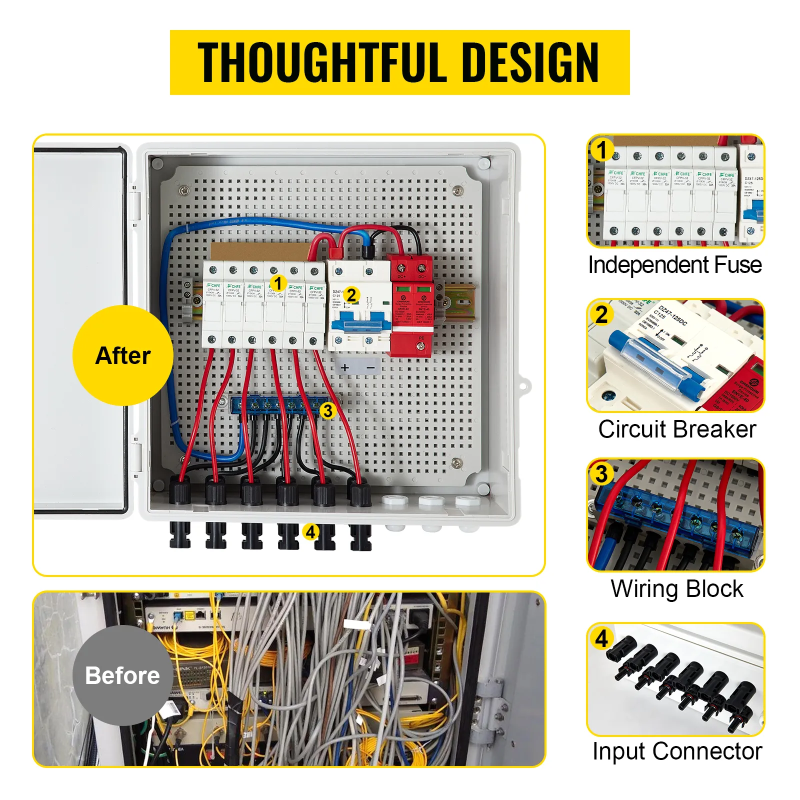 La caja combinadora fotovoltaica VEVOR cuenta con fusible independiente, disyuntor, bloque de cableado y conector de entrada.