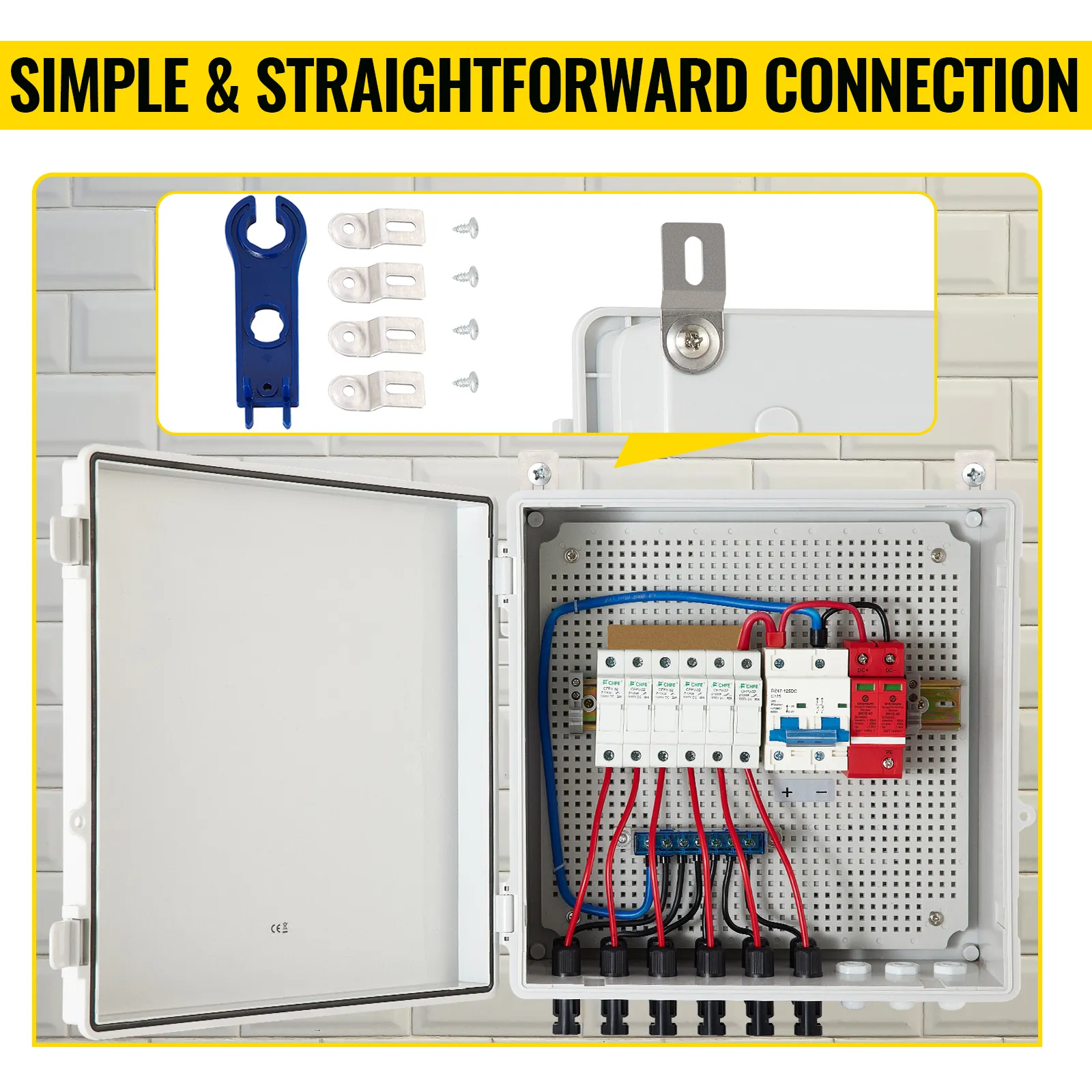 Caja combinadora fotovoltaica VEVOR con herramientas de cableado e instalación. Conexión sencilla.