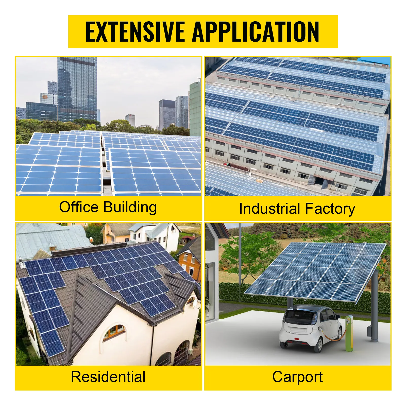 Aplicaciones de la caja combinadora fotovoltaica VEVOR: edificios de oficinas, fábricas industriales, residenciales, cocheras.