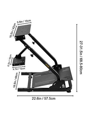 VEVOR racing simulator cockpit with adjustable metal frame and precise measurements.