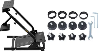 VEVOR racing simulator cockpit parts including frame, knobs, and tools for assembly.