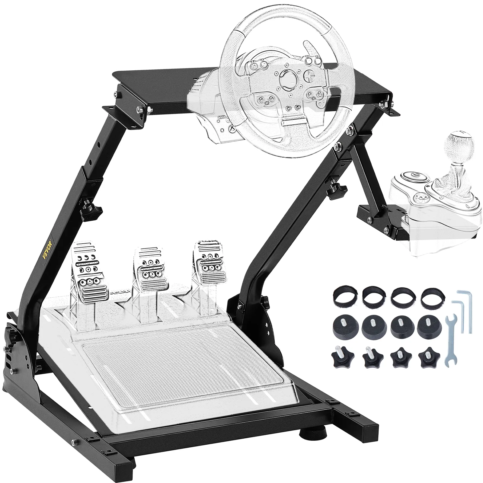 black VEVOR racing simulator cockpit with steering mount, pedal base, and hardware set.