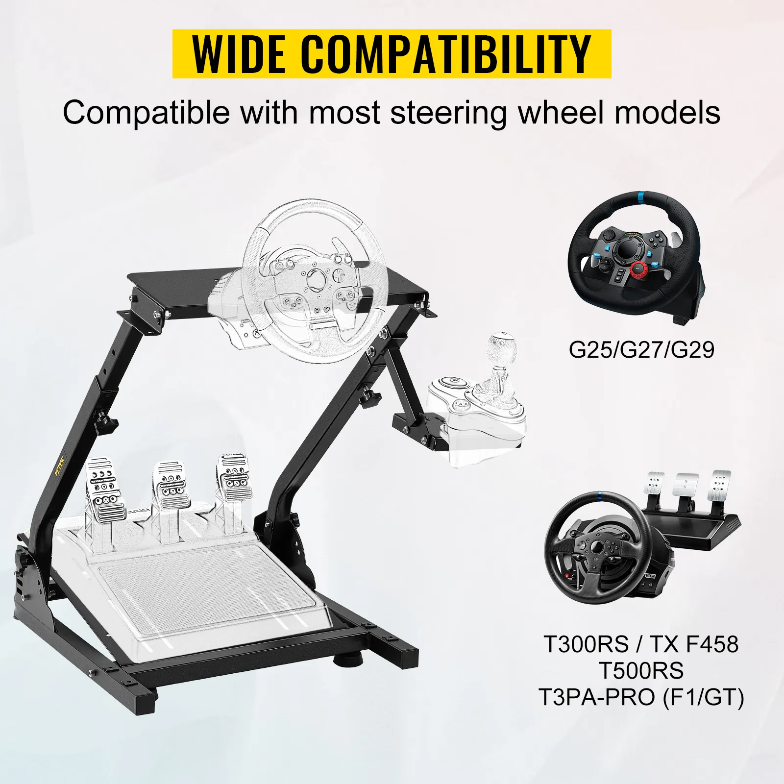 VEVOR racing simulator cockpit with g25/g27/g29 and t300rs steering wheel compatibility.