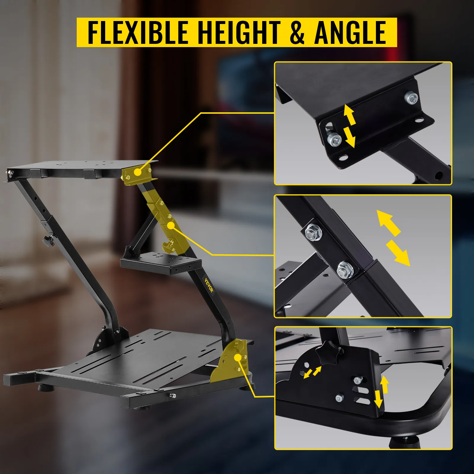 VEVOR racing simulator cockpit with flexible height and angle adjustments.