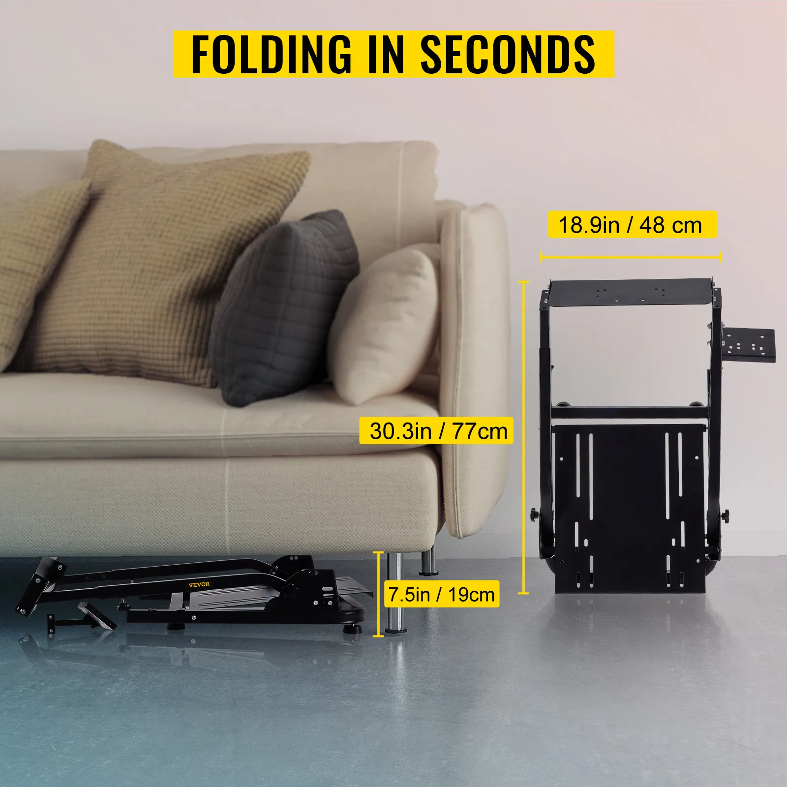 VEVOR racing simulator cockpit folded, showing dimensions next to a beige sofa.