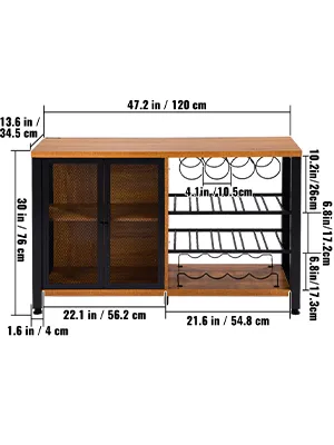 VEVOR-Weinbarschrank mit Netztüren, Weinregalen und reichlich Regalfläche; detaillierte Abmessungen enthalten.