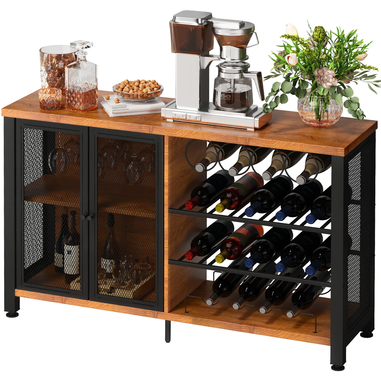VEVOR-Weinbarschrank mit Weinflaschen, Gläsern, Kaffeemaschine, Snacks und einer Blumenvase.