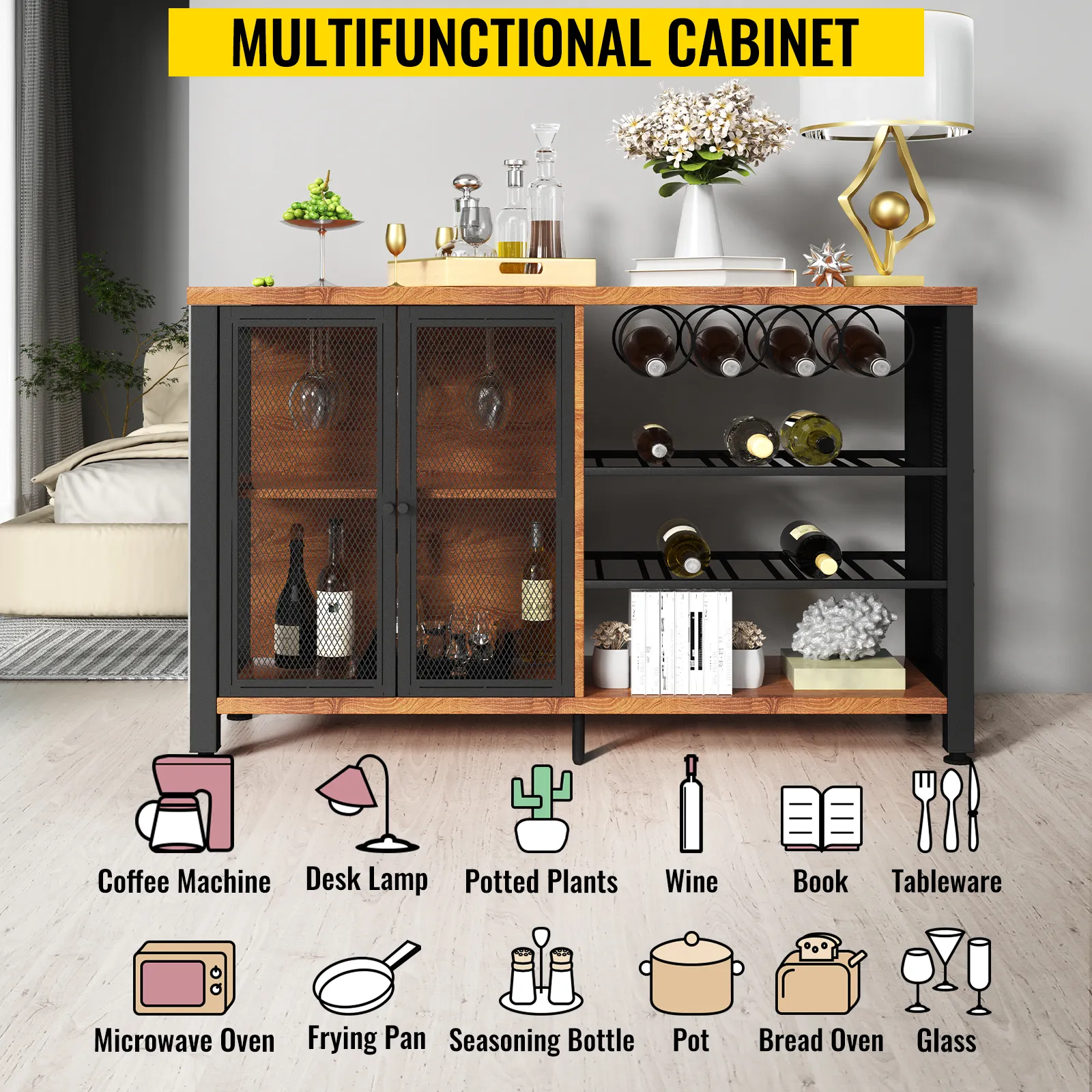 VEVOR-Weinbarschrank mit Regalen, Weinregal, Glastüren, Büchern, Pflanzen und Tischdekor.