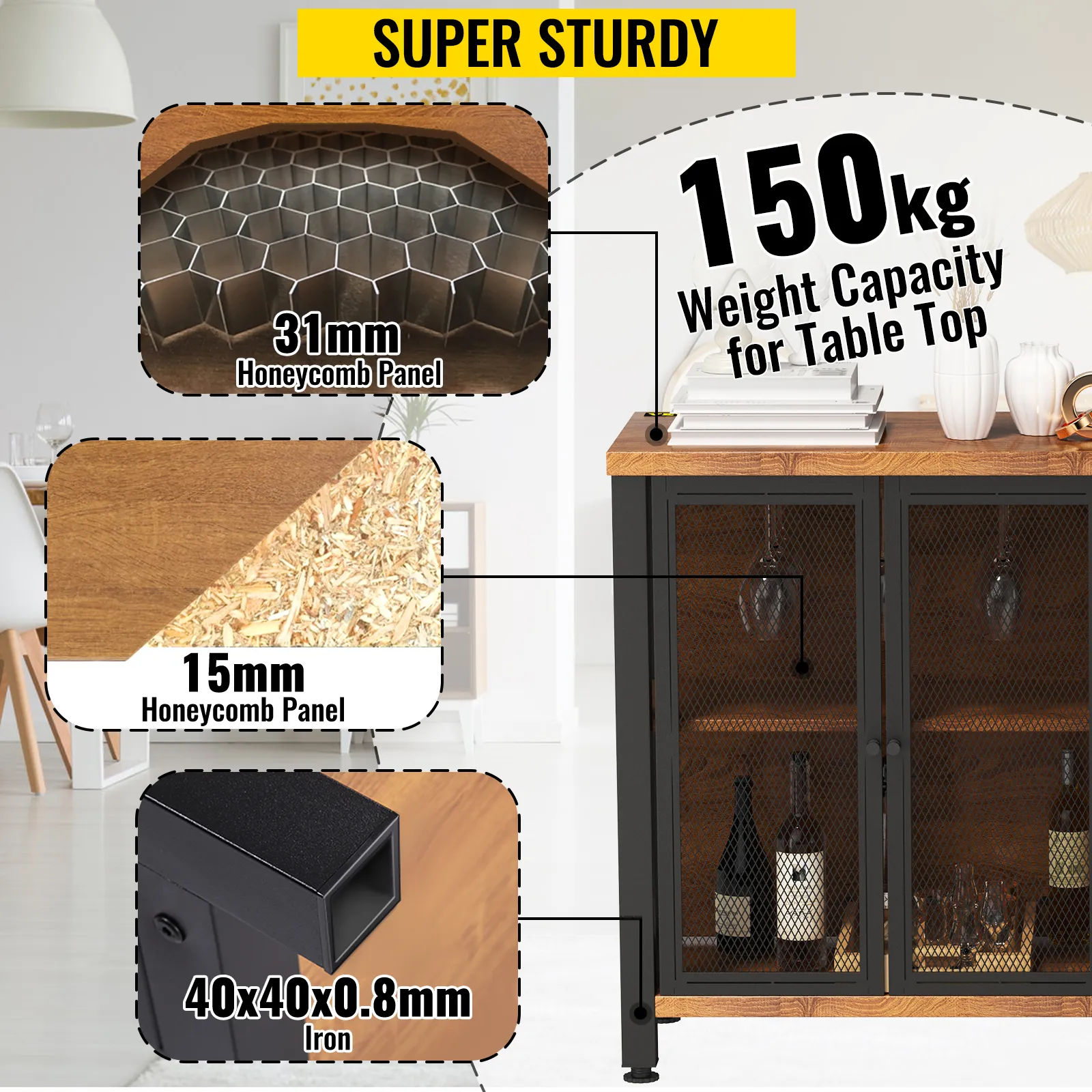 Weinbarschrank von VEVOR mit einer Tischplattentragfähigkeit von 150 kg und robusten Wabenplatten.