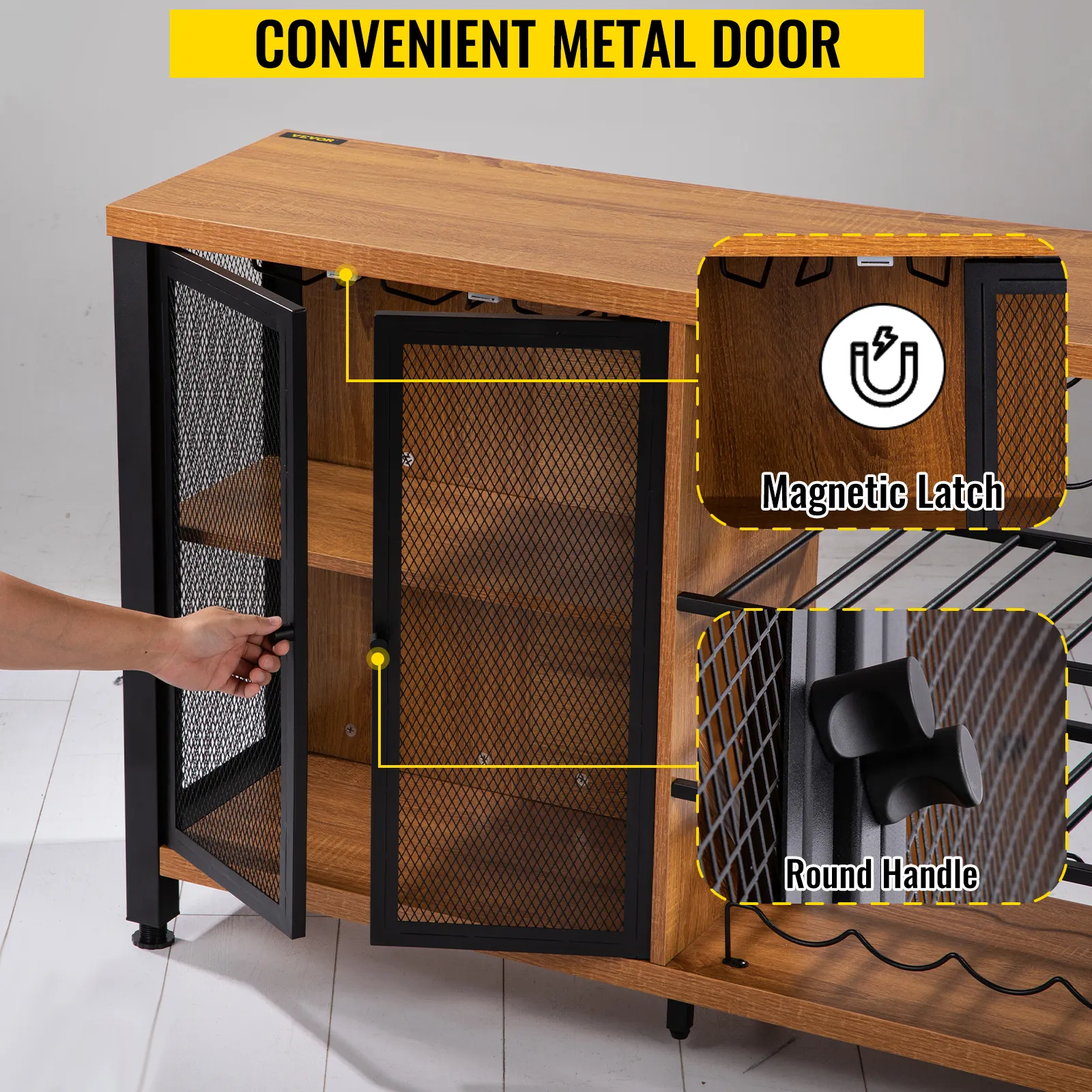 VEVOR-Weinbarschrank mit Metallgittertür, Magnetverschluss und rundem Griff für einfachen Zugriff.