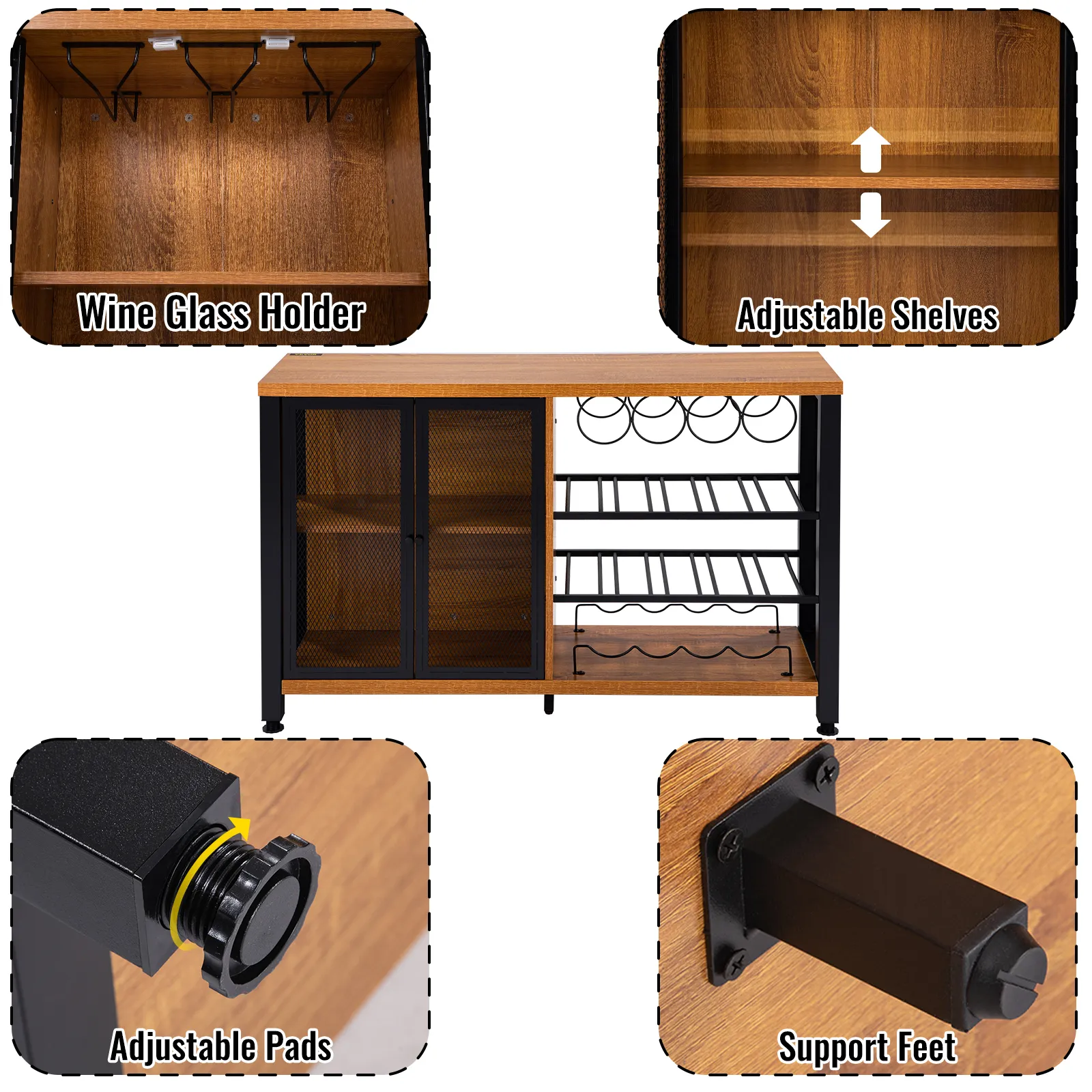 VEVOR Weinbarschrank mit Weinglashalter, verstellbaren Regalen, verstellbaren Polstern und Stützfüßen.