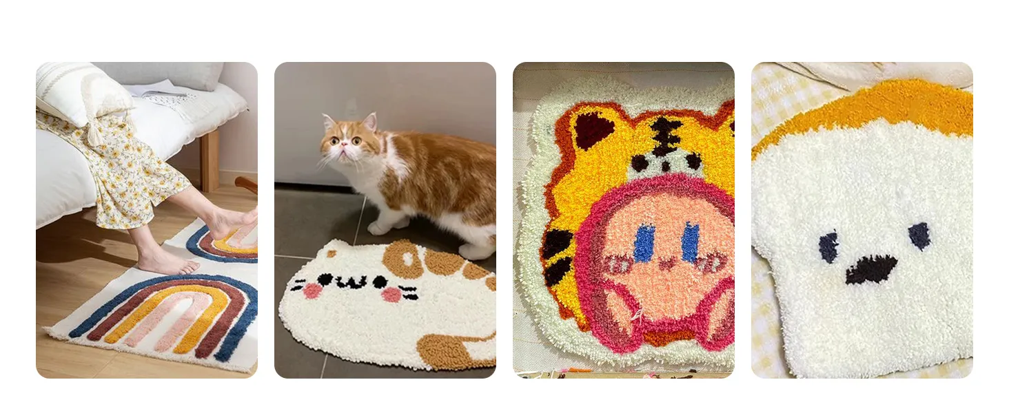colorful tufted rugs featuring a VEVOR tufting gun: rainbow design, cat, cheerful character, bread shape.