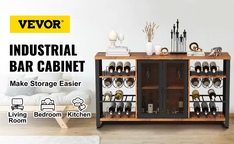 VEVOR industrial bar cabinet with wine storage and decor items, suitable for living rooms and kitchens.