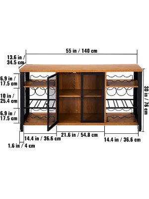 VEVOR industrial bar cabinet with wine racks, mesh doors, and wooden shelves, dimensions labeled.