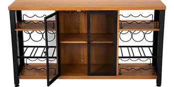 VEVOR industrial bar cabinet with wooden shelves, metal wire racks, and open mesh doors.