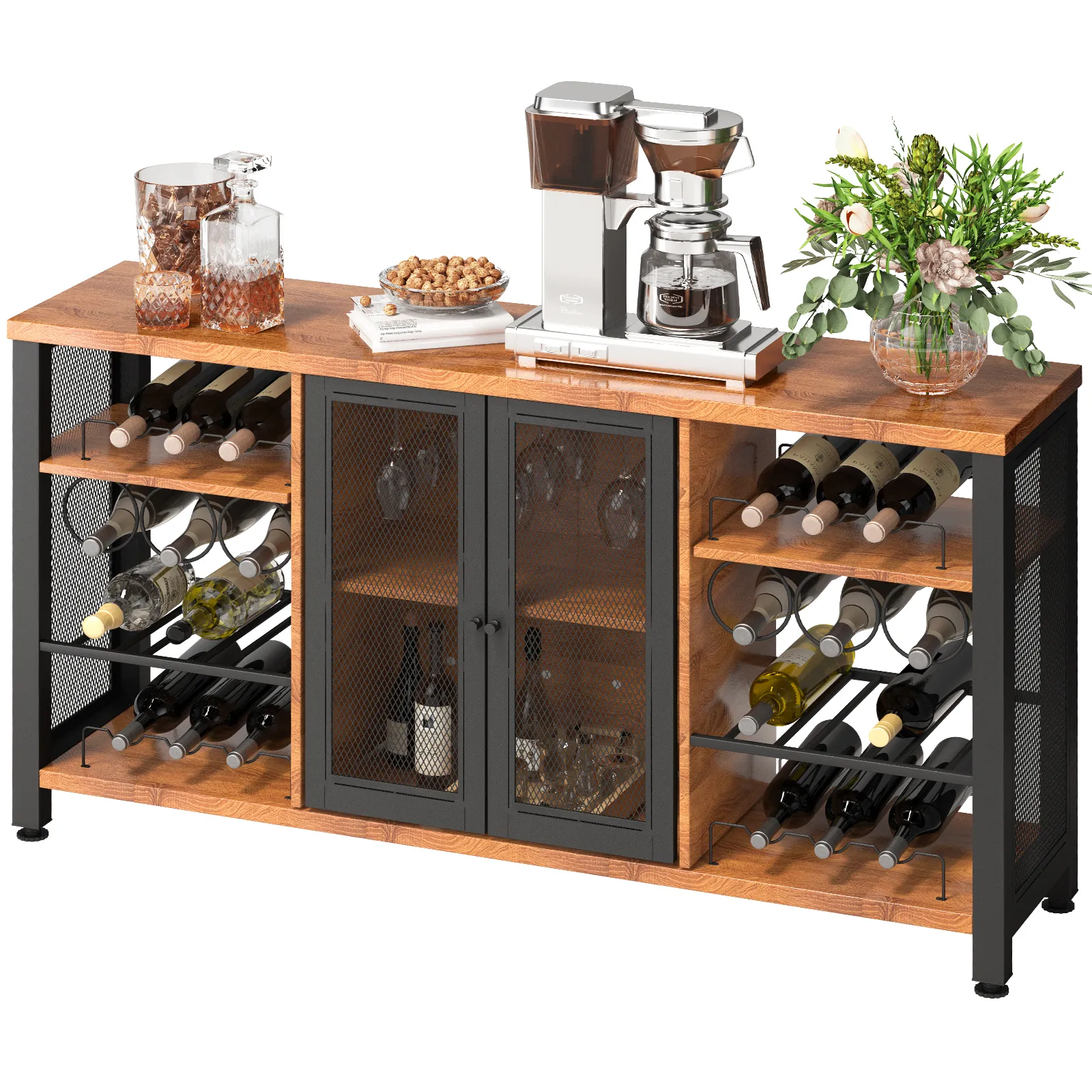 VEVOR industrial bar cabinet with wine racks, glass doors, wooden shelves, and coffee maker on top.