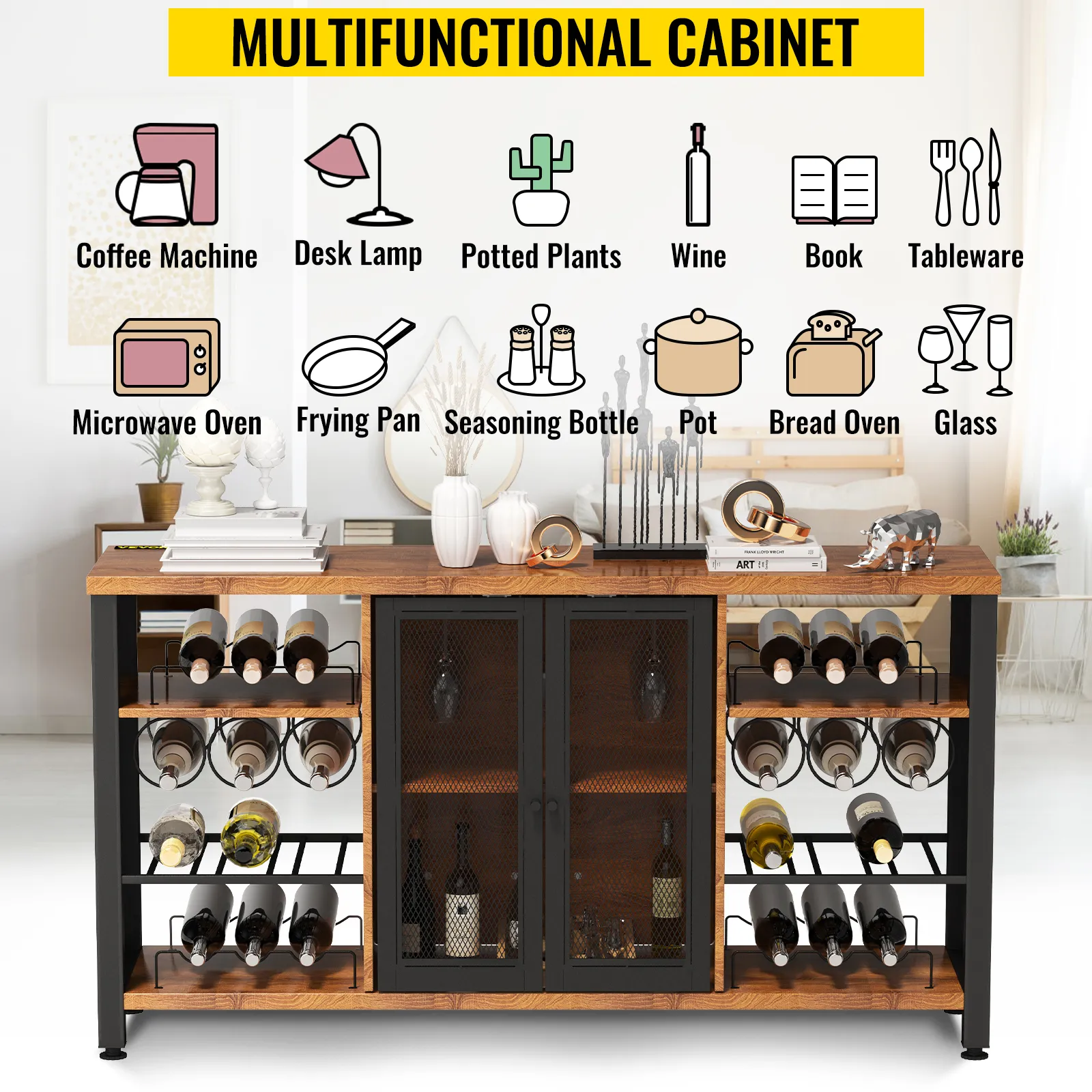 VEVOR industrial bar cabinet showcasing multifunctional storage for wine, kitchen items, and decor.