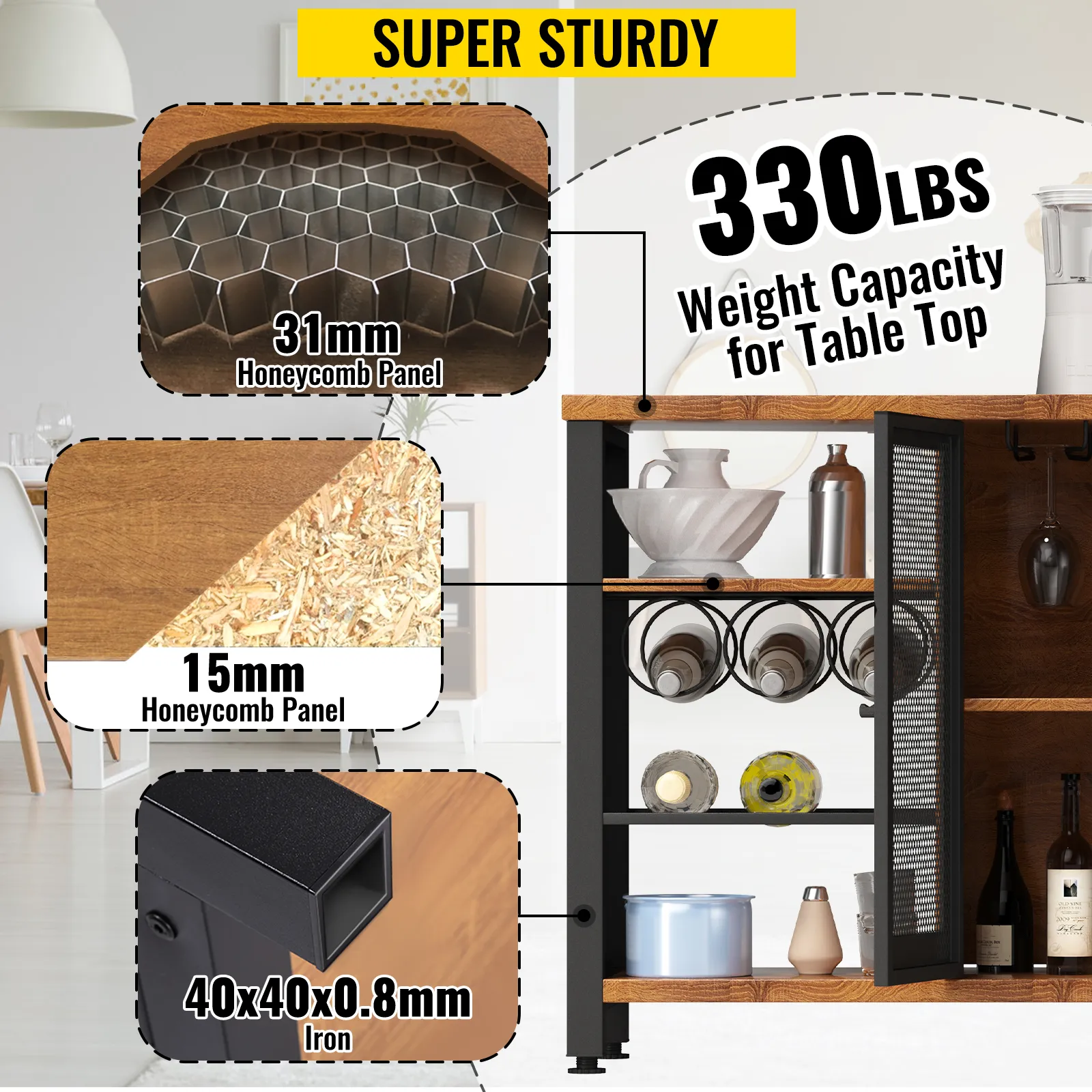 VEVOR industrial bar cabinet showcasing sturdy honeycomb panels and iron frame, supports 330lbs.