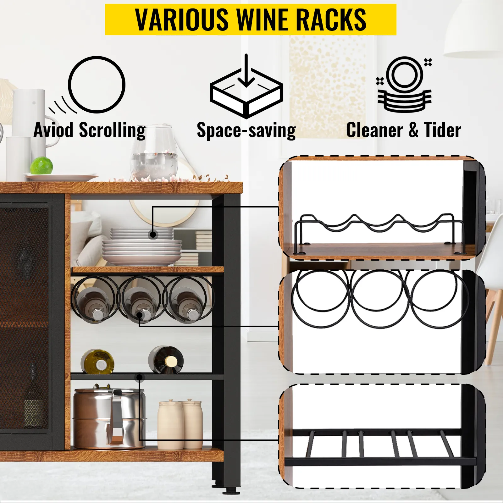 VEVOR industrial bar cabinet with various wine racks, avoiding scrolling, space-saving, cleaner and tidier.