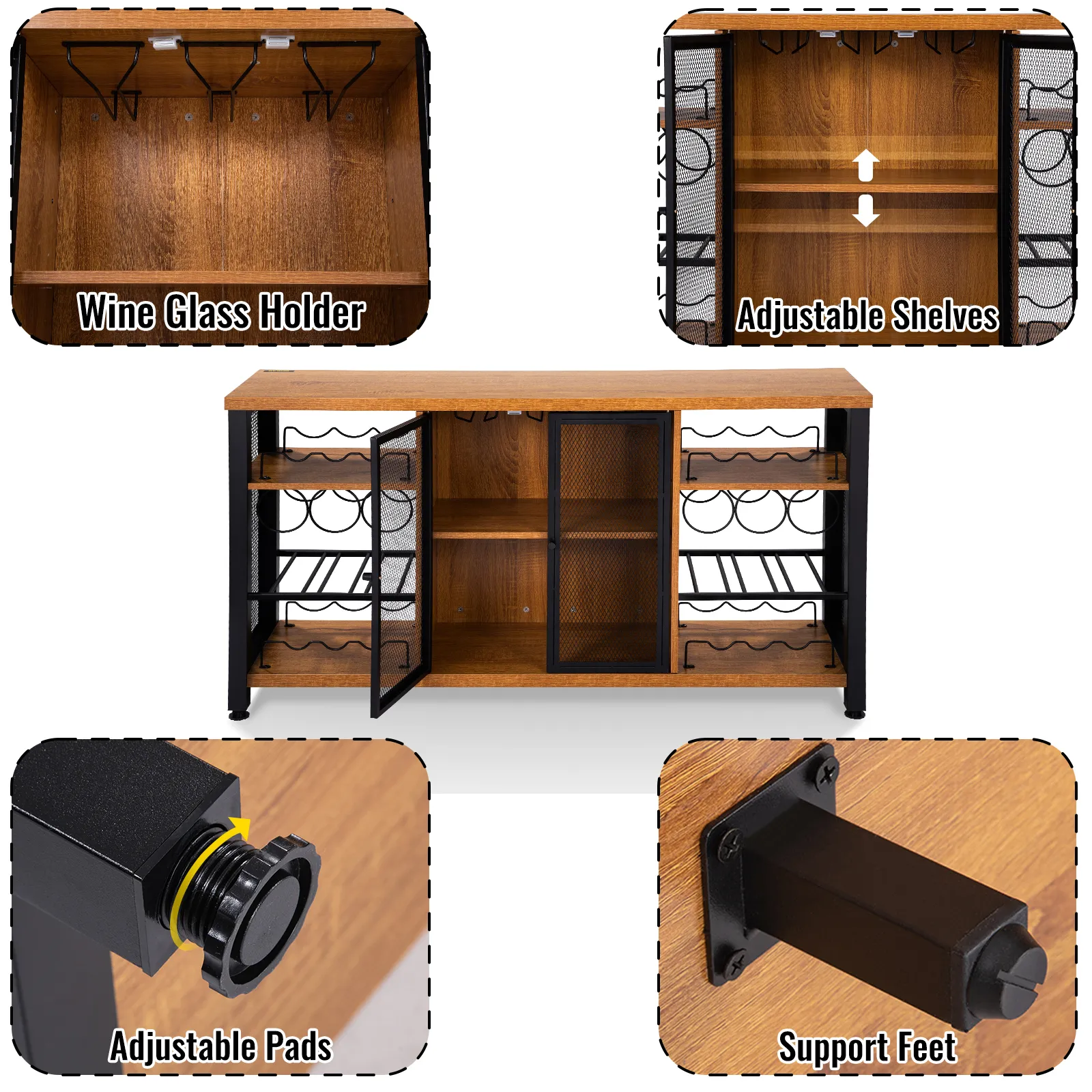 VEVOR industrial bar cabinet with wine glass holder, adjustable shelves, and support feet.
