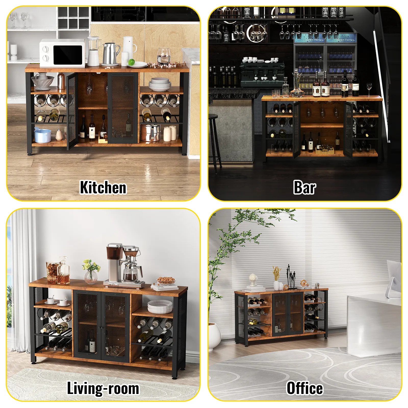 VEVOR industrial bar cabinet for kitchen, bar, living-room, and office, showcasing storage versatility.